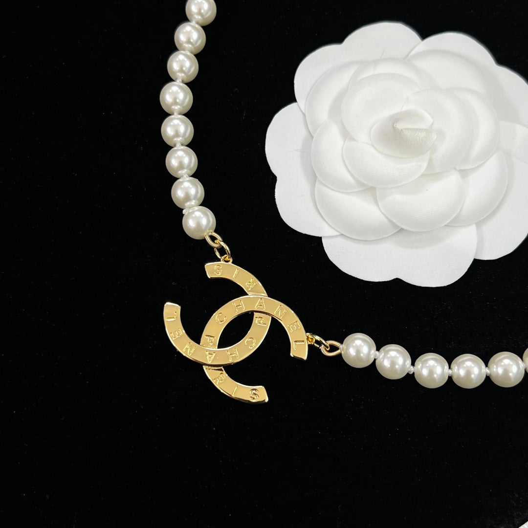 Pearl Necklace & Earring Set – Gold CC Logo Statement Jewelry