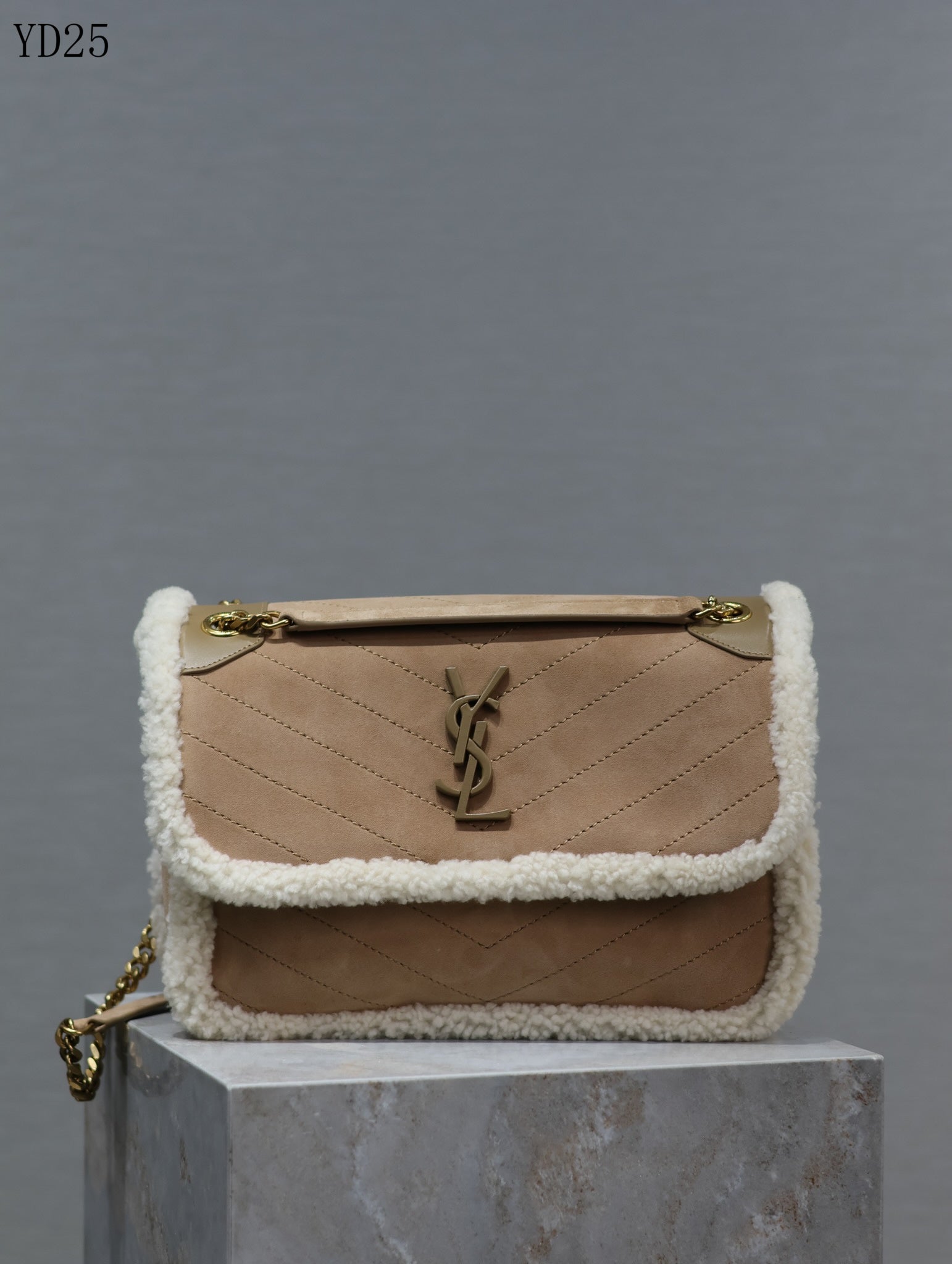 Niki Medium Shearling-Trimmed Suede Shoulder Bag