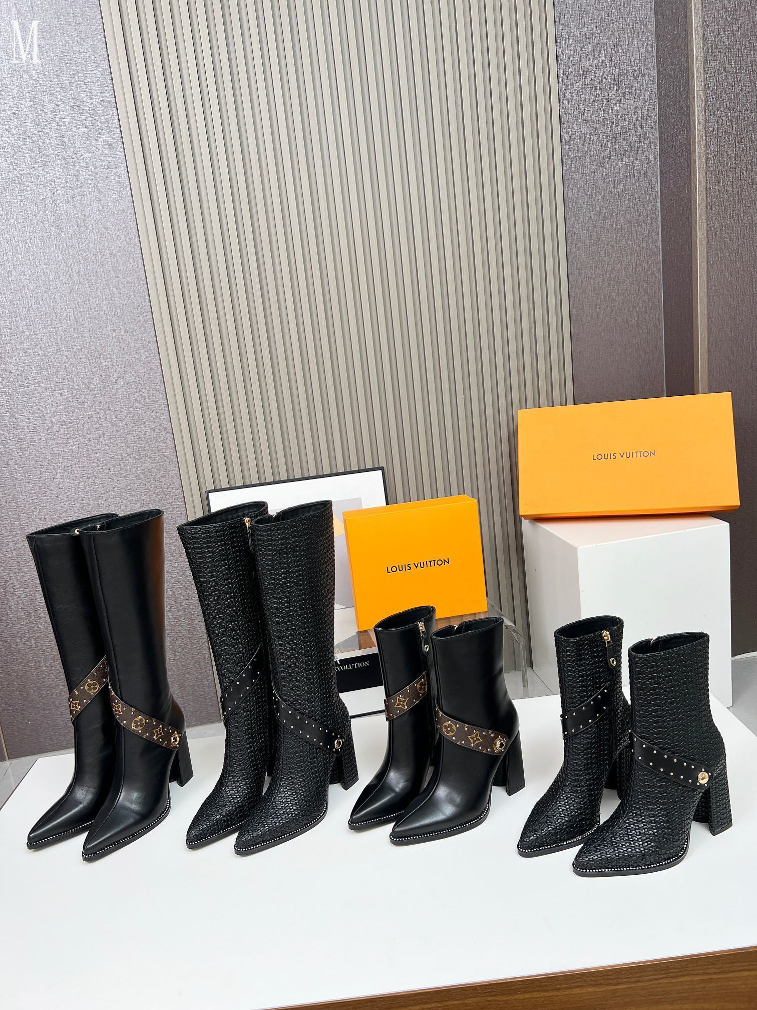 Knit & Leather Block Heel Ankle Boots