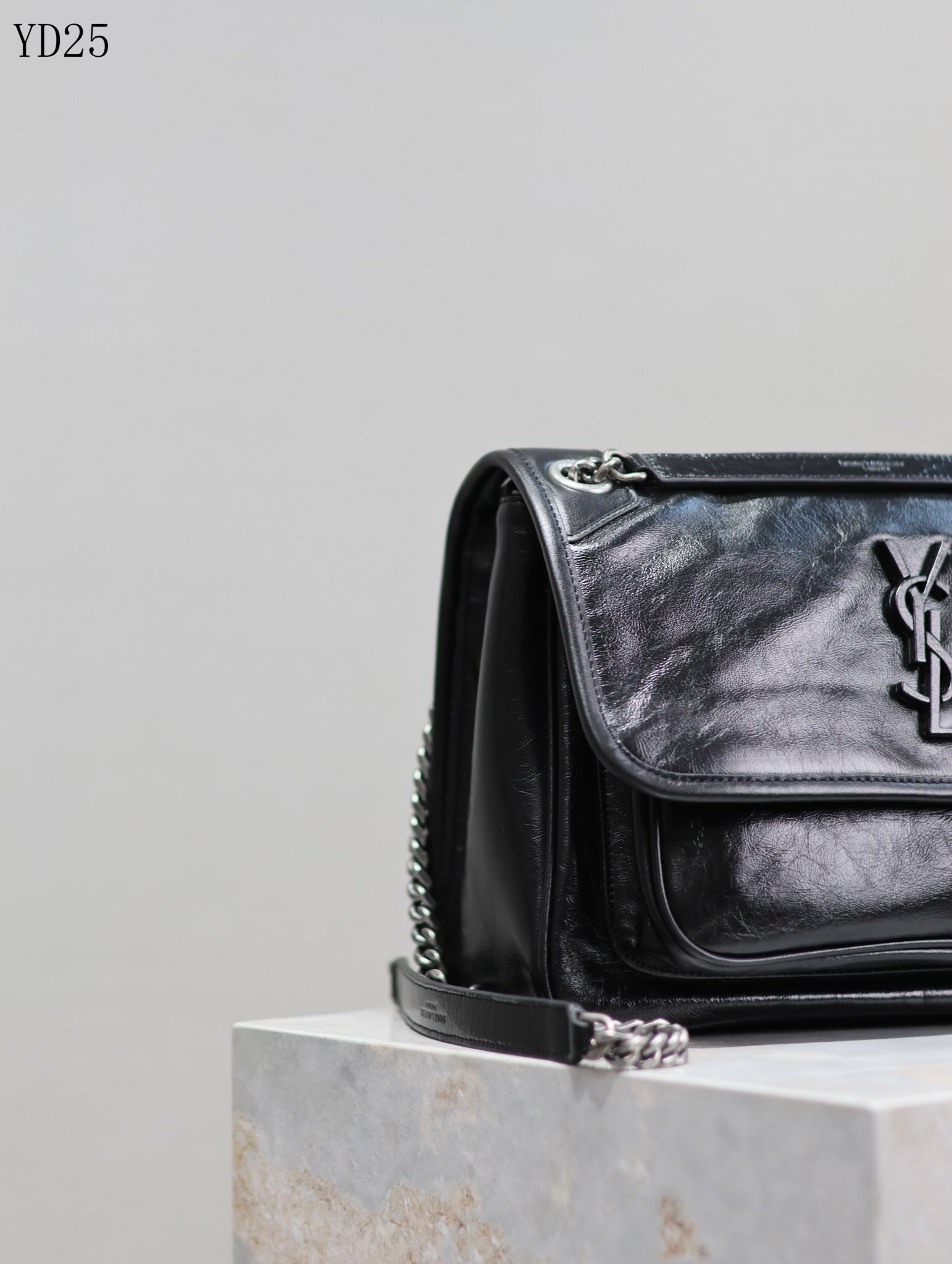 Niki Shoulder Bag - Black Crinkle Leather with Gunmetal Chain