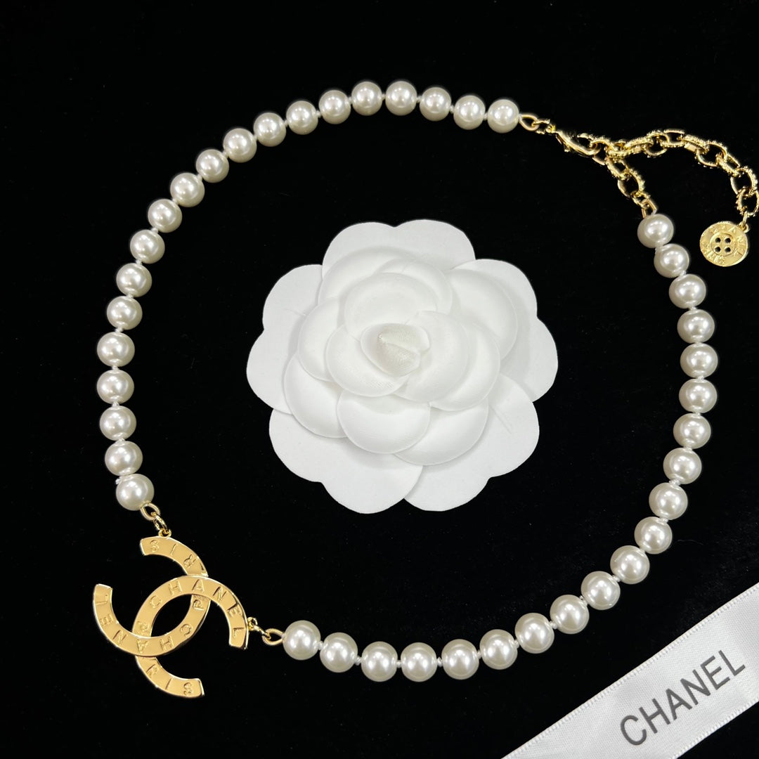 Pearl Necklace & Earring Set – Gold CC Logo Statement Jewelry