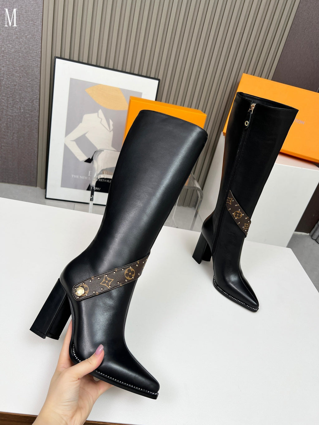 Leather & Knit Chain Detail Knee-High Boots