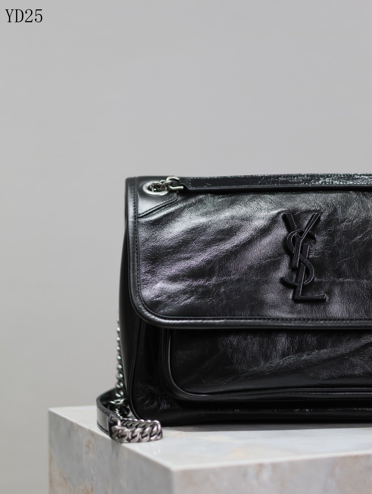 Niki Shoulder Bag - Black Crinkle Leather with Gunmetal Chain