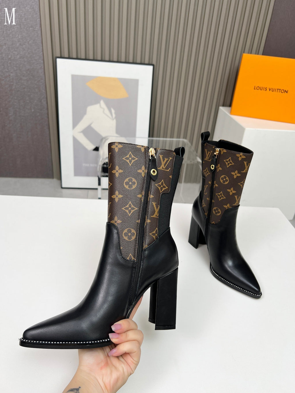 Monogram Leather & Fabric Ankle Boots