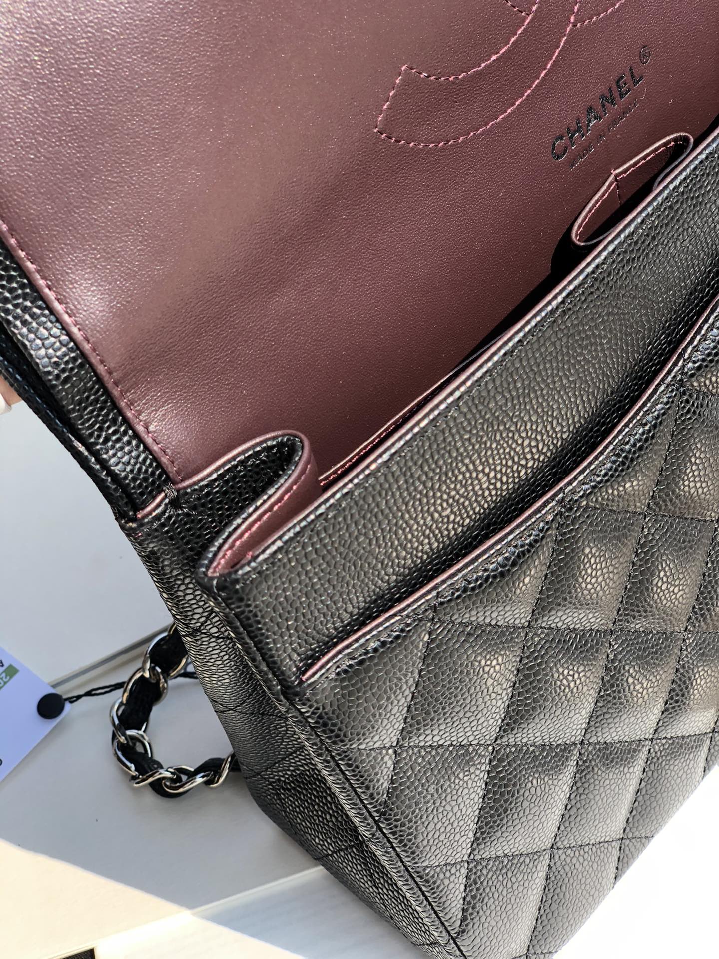 3.55 Large Caviar Leather Classic Double Flap Bag - Silver hardware