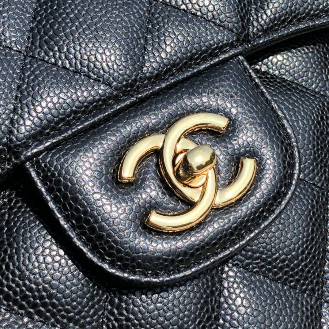 3.55 Large Caviar Leather Classic Double Flap Bag - Gold hardware