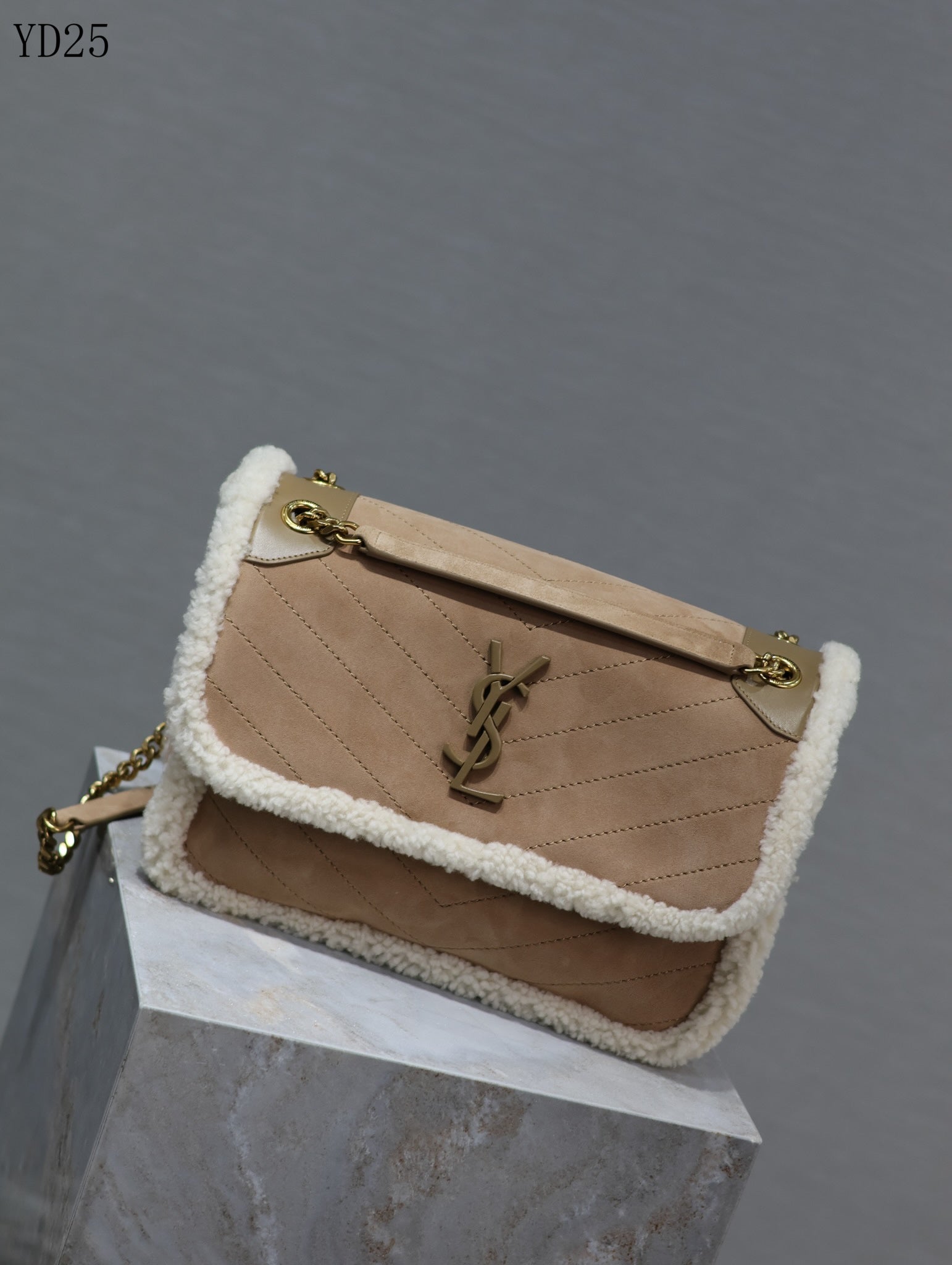 Niki Medium Shearling-Trimmed Suede Shoulder Bag