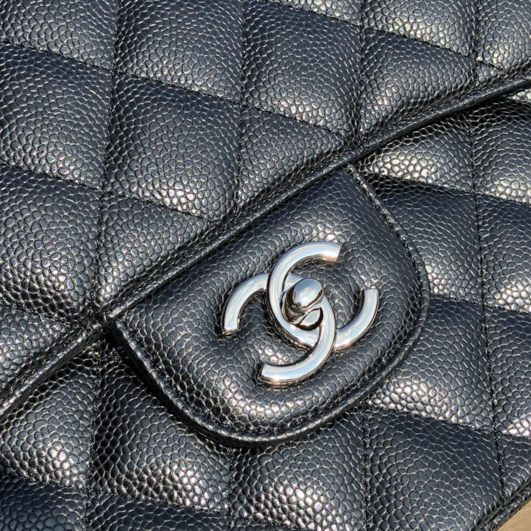 3.55 Large Caviar Leather Classic Double Flap Bag - Silver hardware