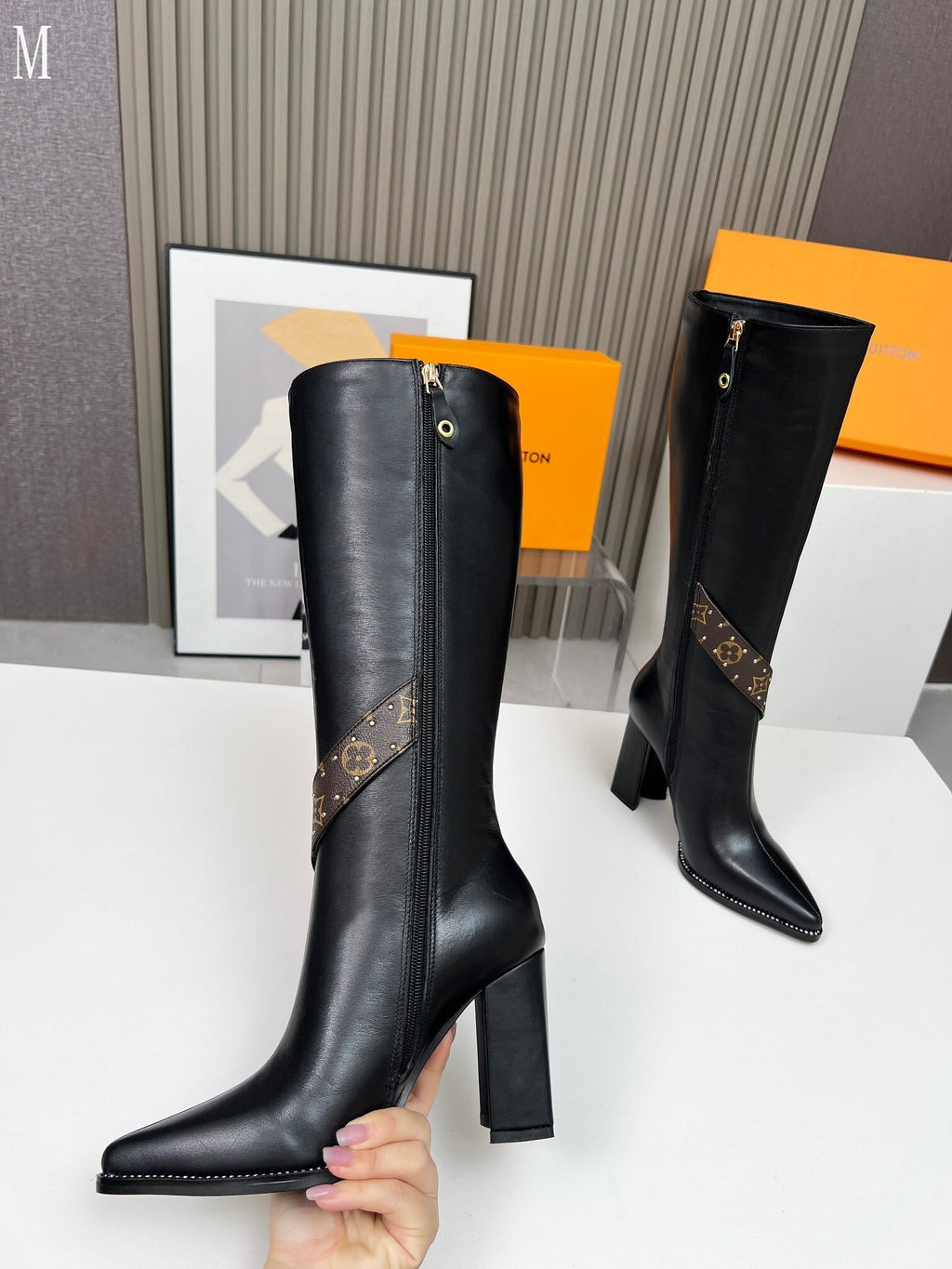 Leather & Knit Chain Detail Knee-High Boots