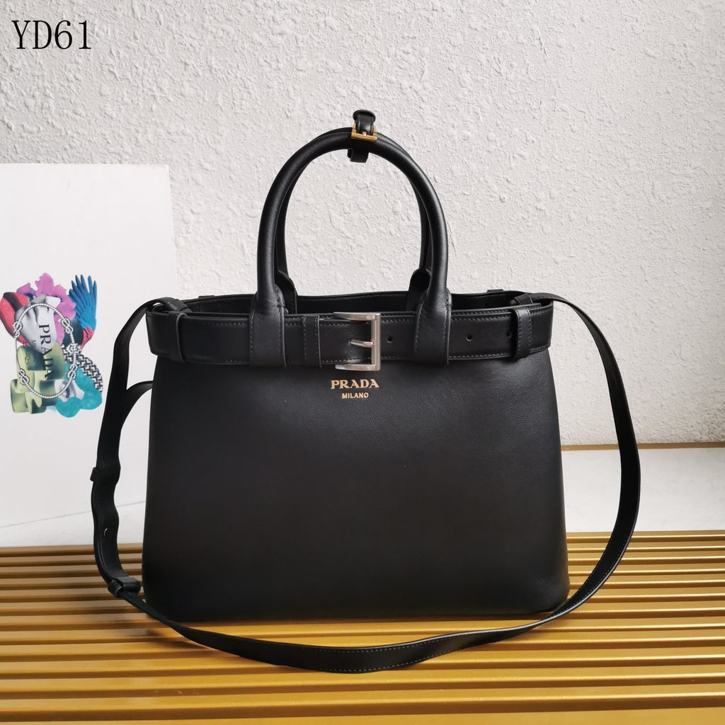 Buckle Belted Medium Leather Tote Bag