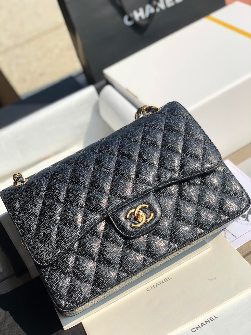 3.55 Large Caviar Leather Classic Double Flap Bag - Gold hardware