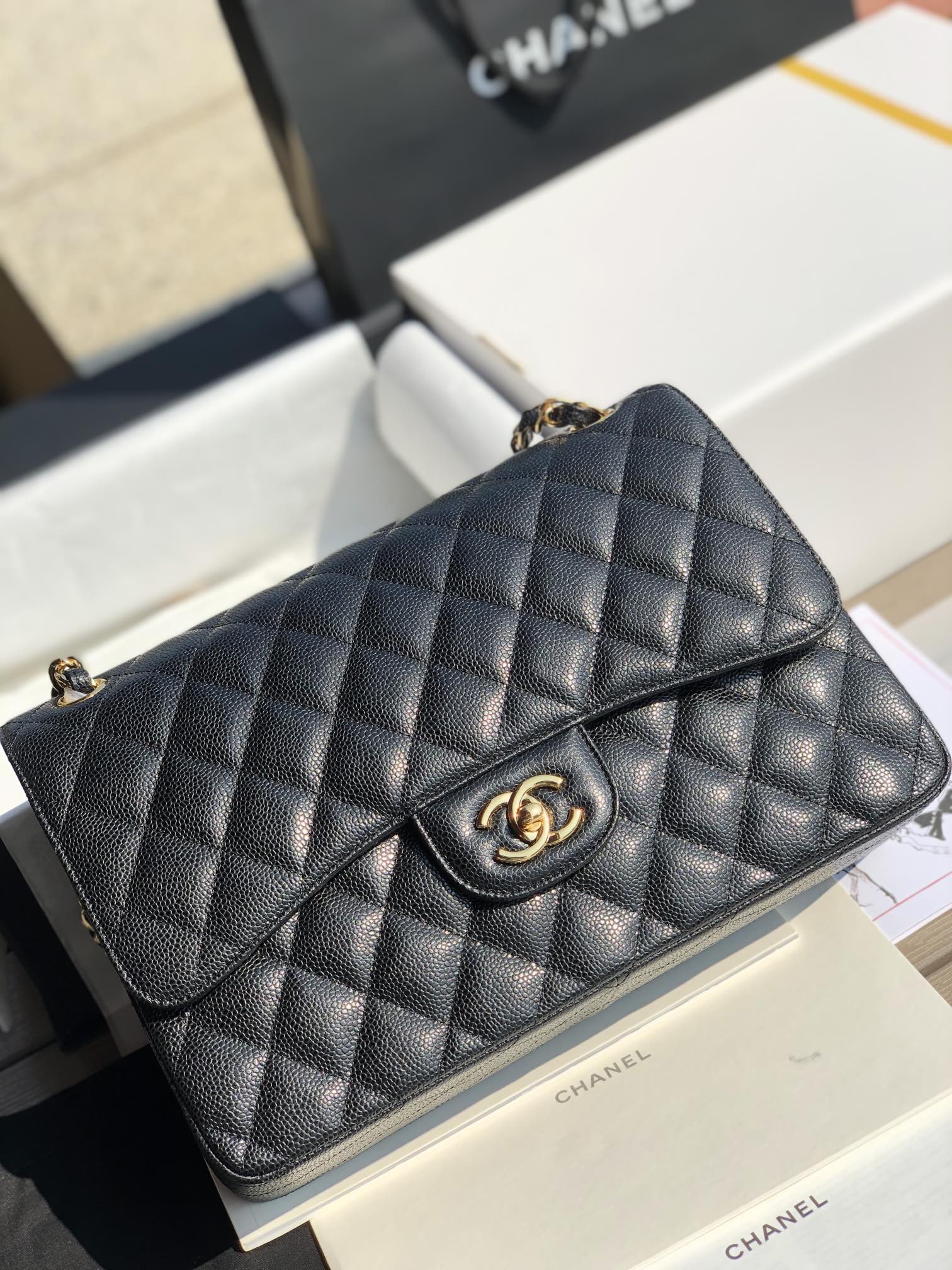 3.55 Large Caviar Leather Classic Double Flap Bag - Gold hardware