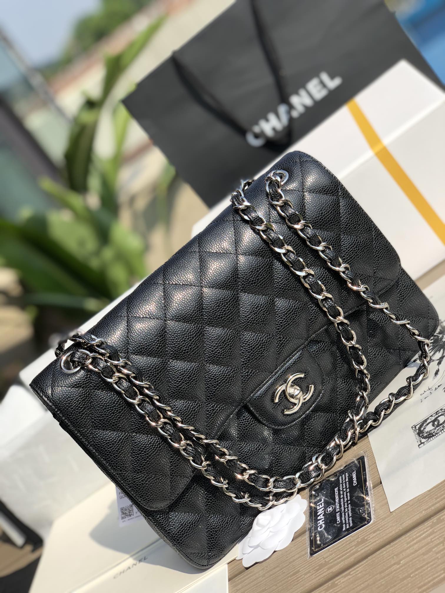 3.55 Large Caviar Leather Classic Double Flap Bag - Silver hardware