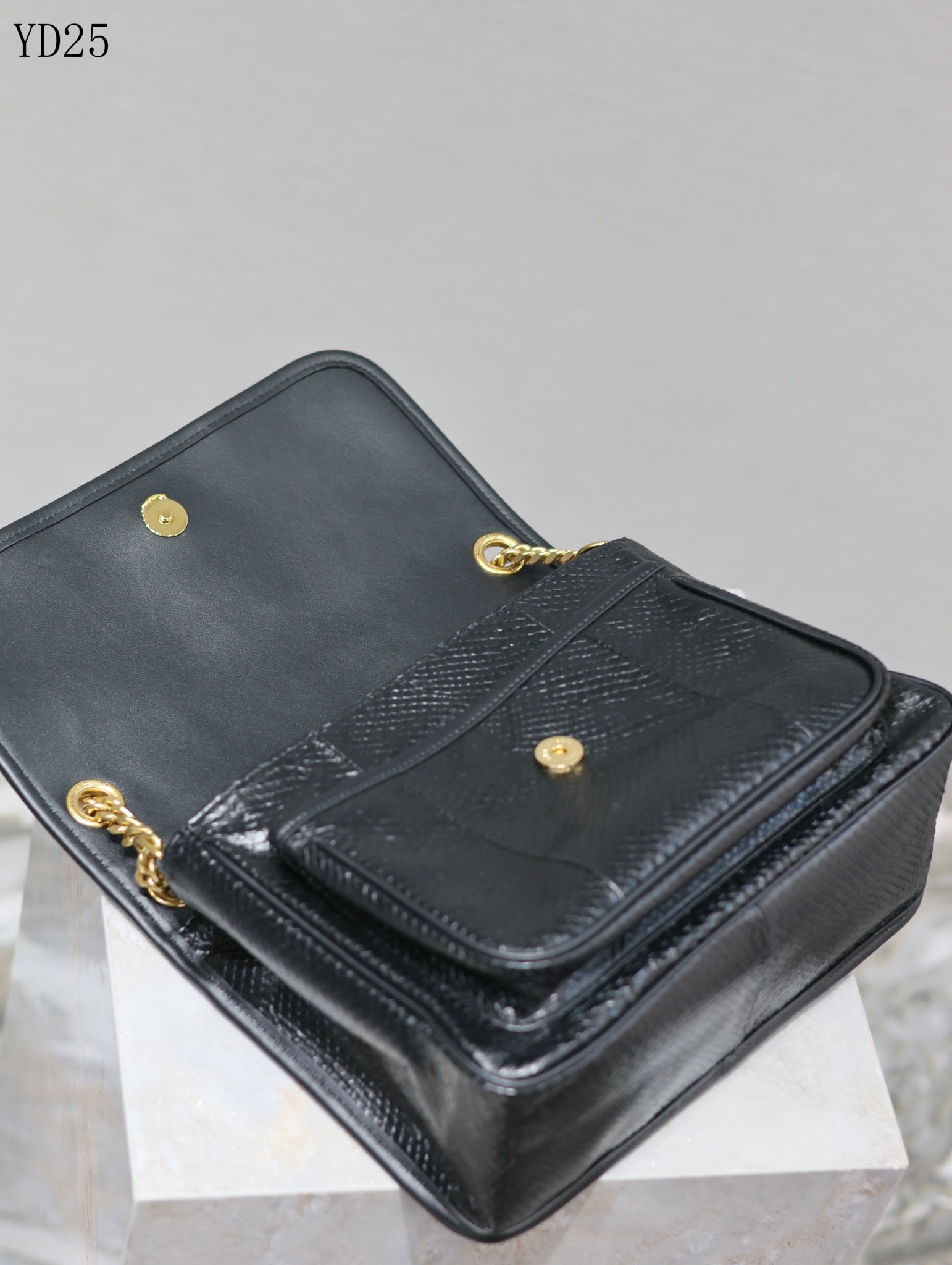 Niki Black Python-Textured Leather Shoulder Bag - 28 cm