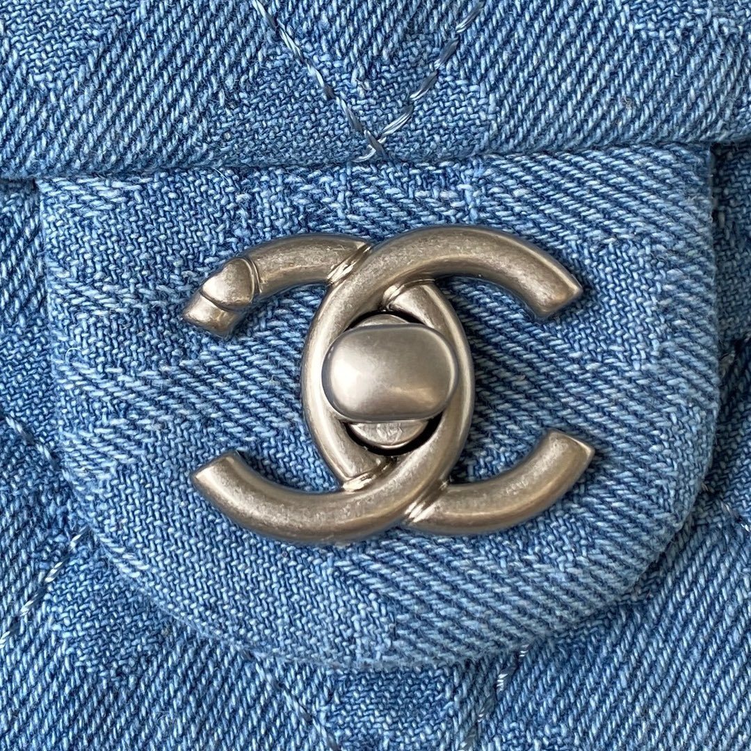 Mini Flap Bag in Quilted Denim with Silver-Tone Chain