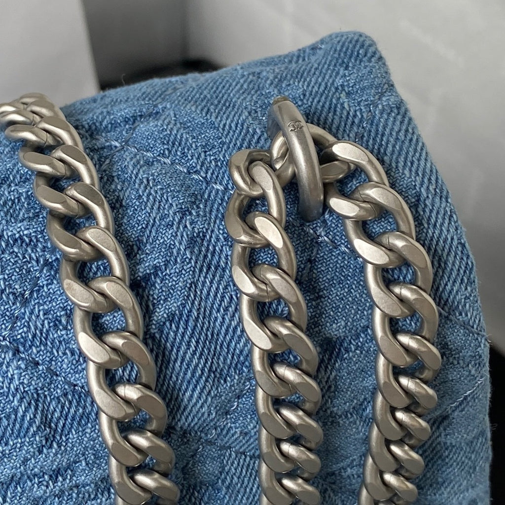 Denim Flap Bag with Silver-Tone Chain