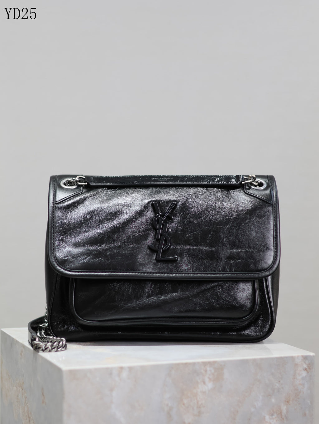 Niki Shoulder Bag - Black Crinkle Leather with Gunmetal Chain