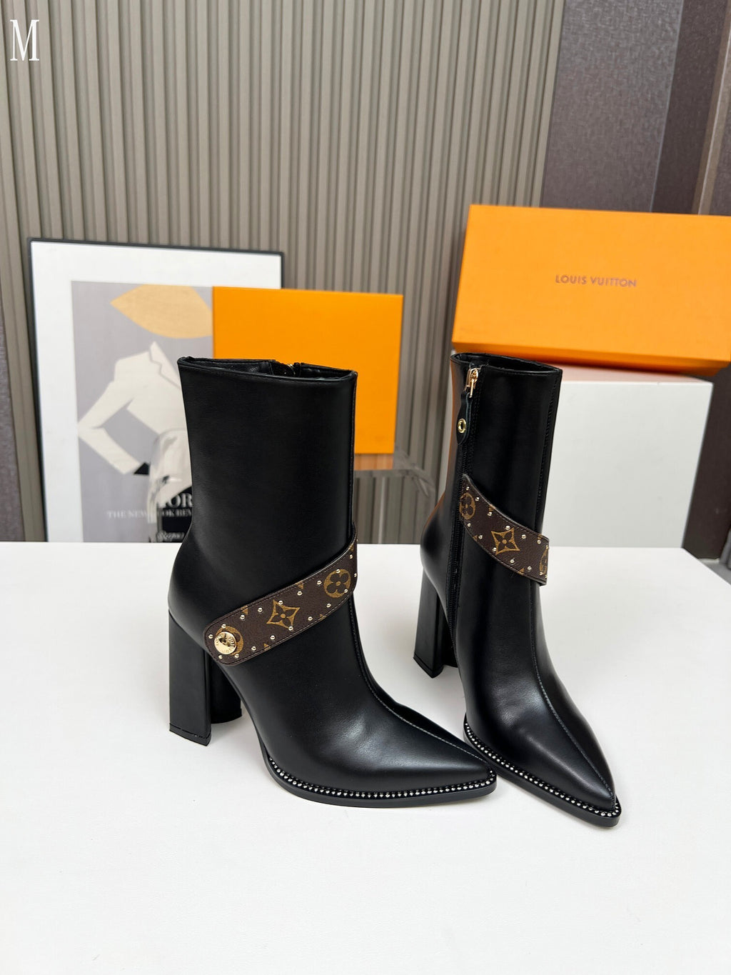 Monogram Chain Detail Knit & Leather Mid-Calf Boots