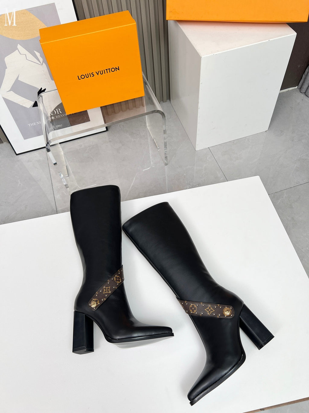 Leather & Knit Chain Detail Knee-High Boots