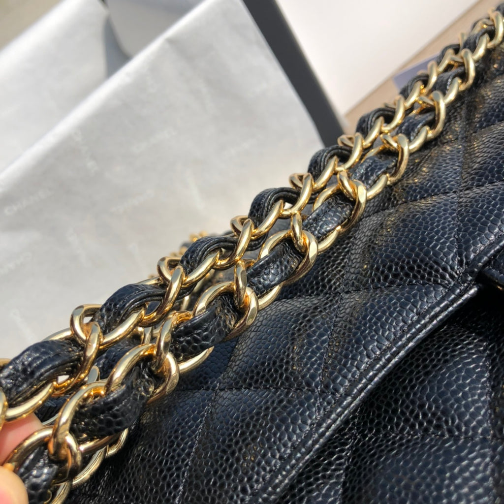 3.55 Large Caviar Leather Classic Double Flap Bag - Gold hardware