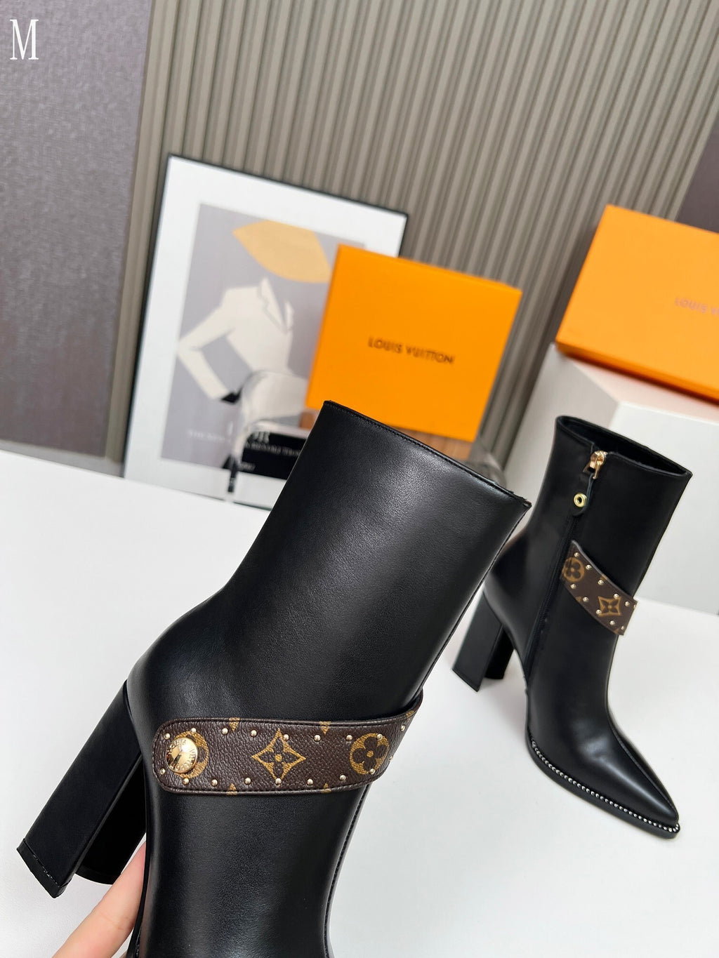 Monogram Chain Detail Knit & Leather Mid-Calf Boots