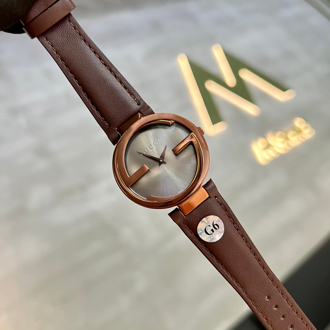 G Cut-Out Logo Rose Gold Women's 37 mm Watch – Brown Leather Strap