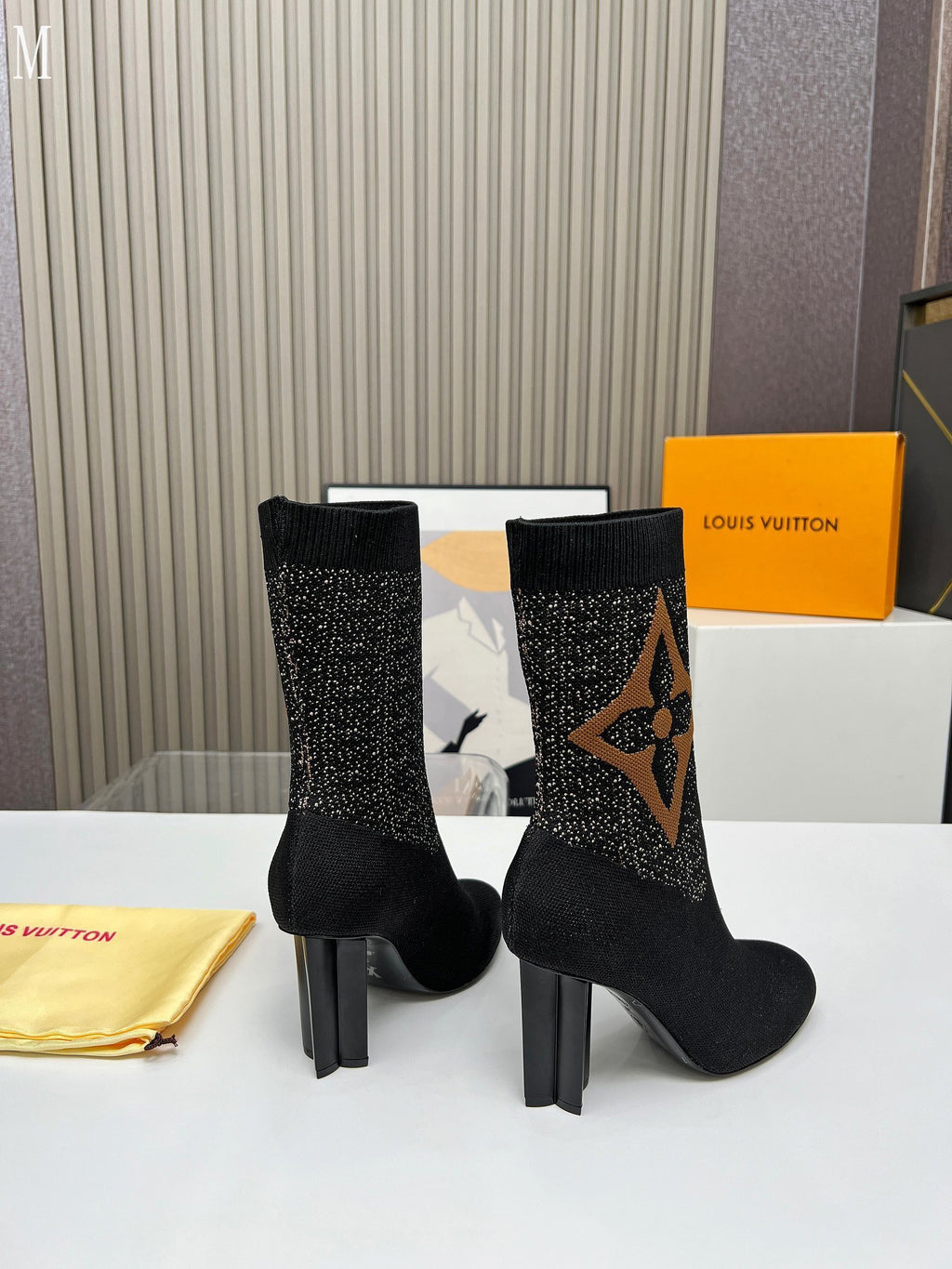 Monogram Knit Block Heel Boots