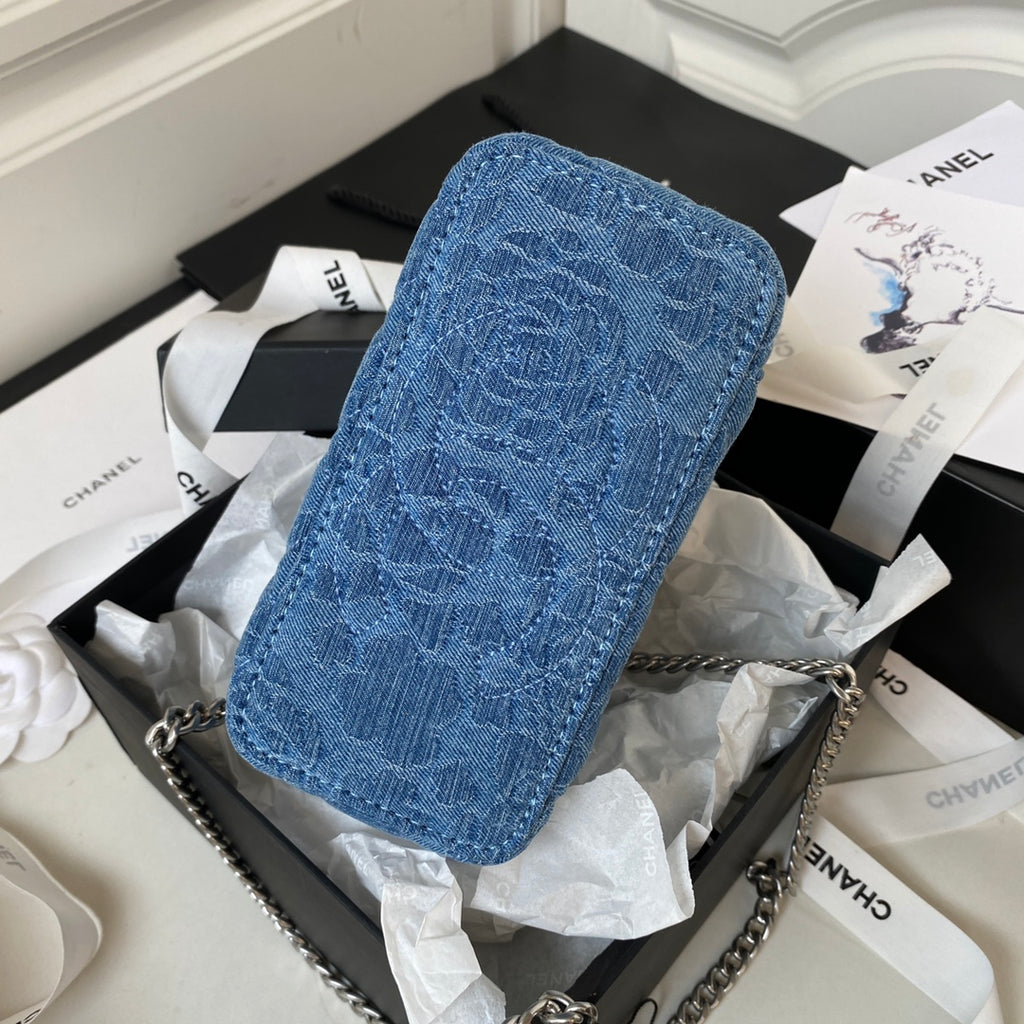 Denim Quilted Heart Charm Mini Shoulder Bag