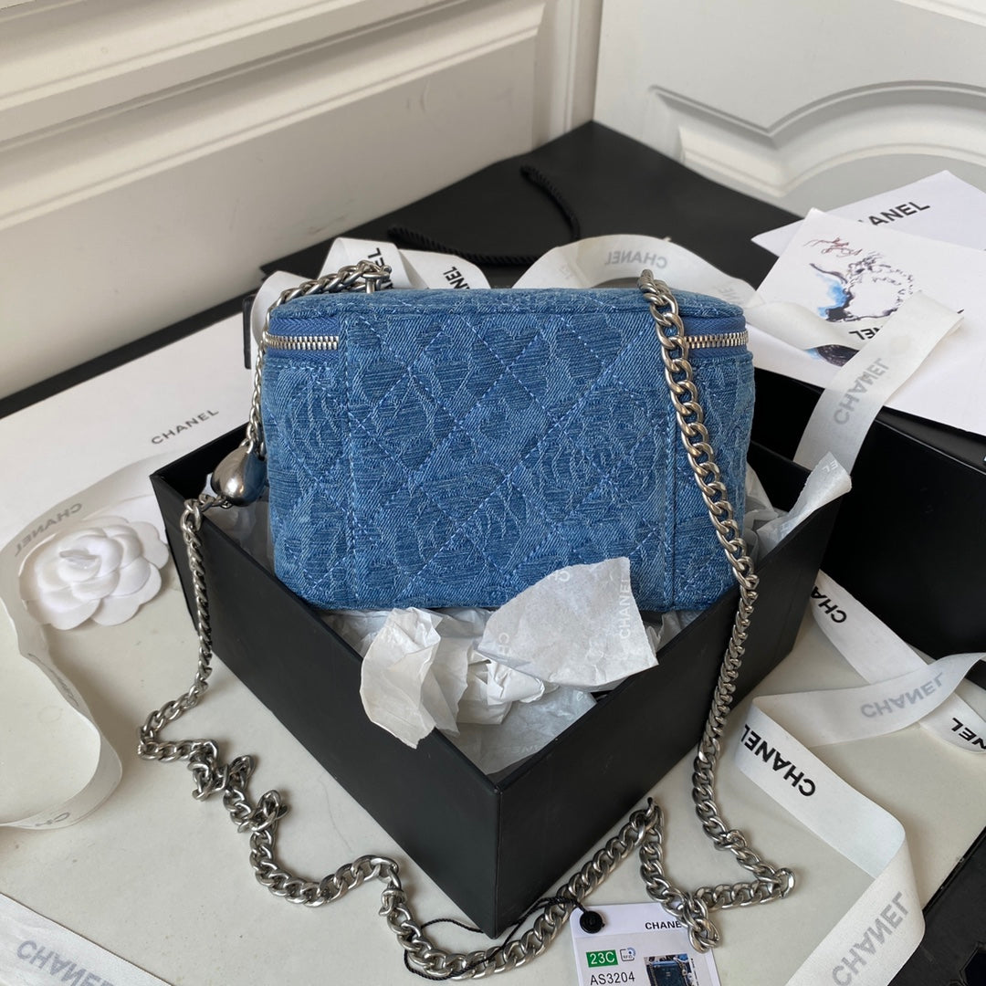 Denim Quilted Heart Charm Mini Shoulder Bag