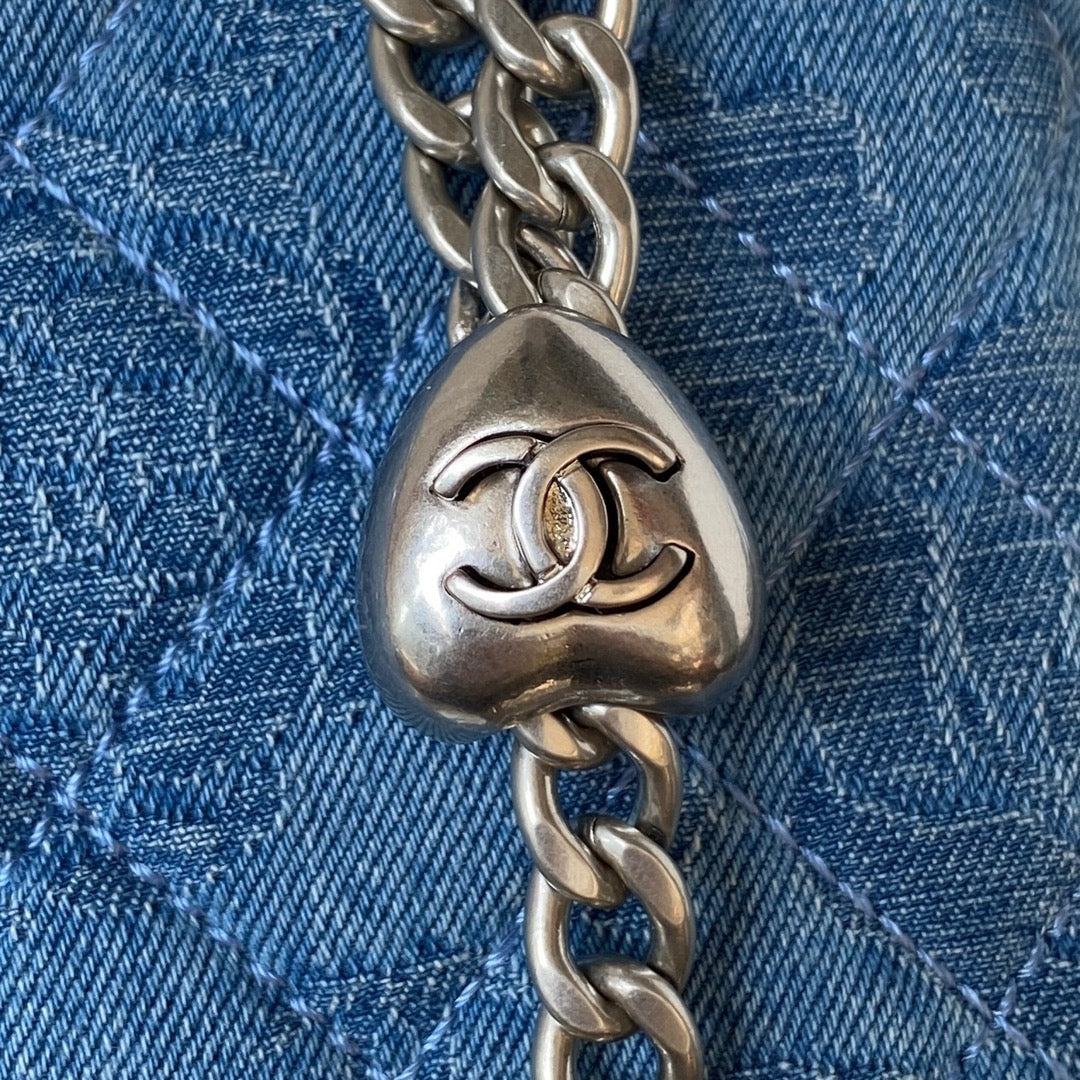 Denim Quilted Heart Charm Mini Shoulder Bag