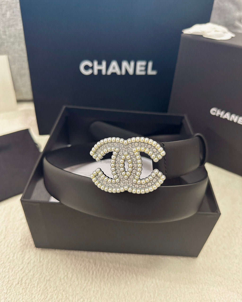 Pearl CC Buckle Black Leather Belt