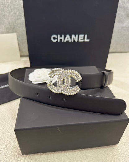 Pearl CC Buckle Black Leather Belt