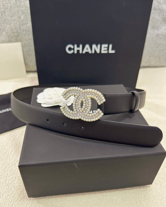 Pearl CC Buckle Black Leather Belt