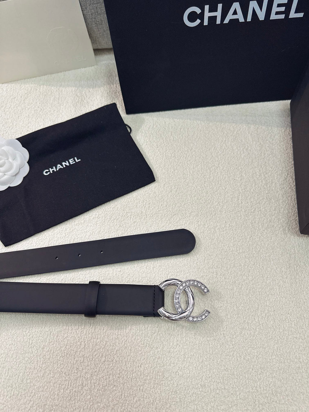 Twisted CC Crystal Buckle Black Leather Belt