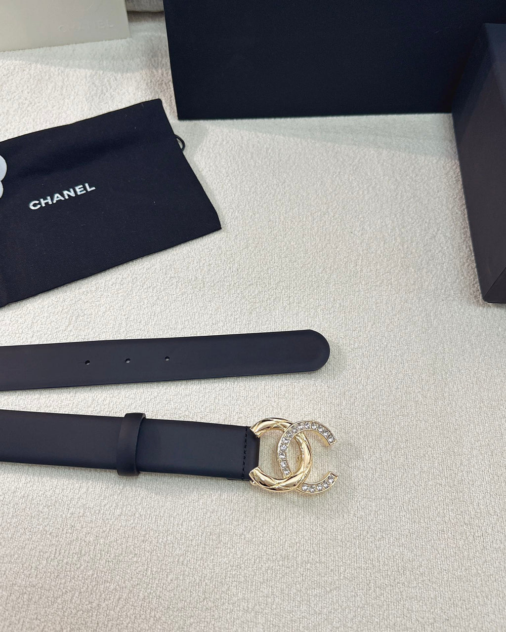 Twisted CC Crystal Buckle Black Leather Belt