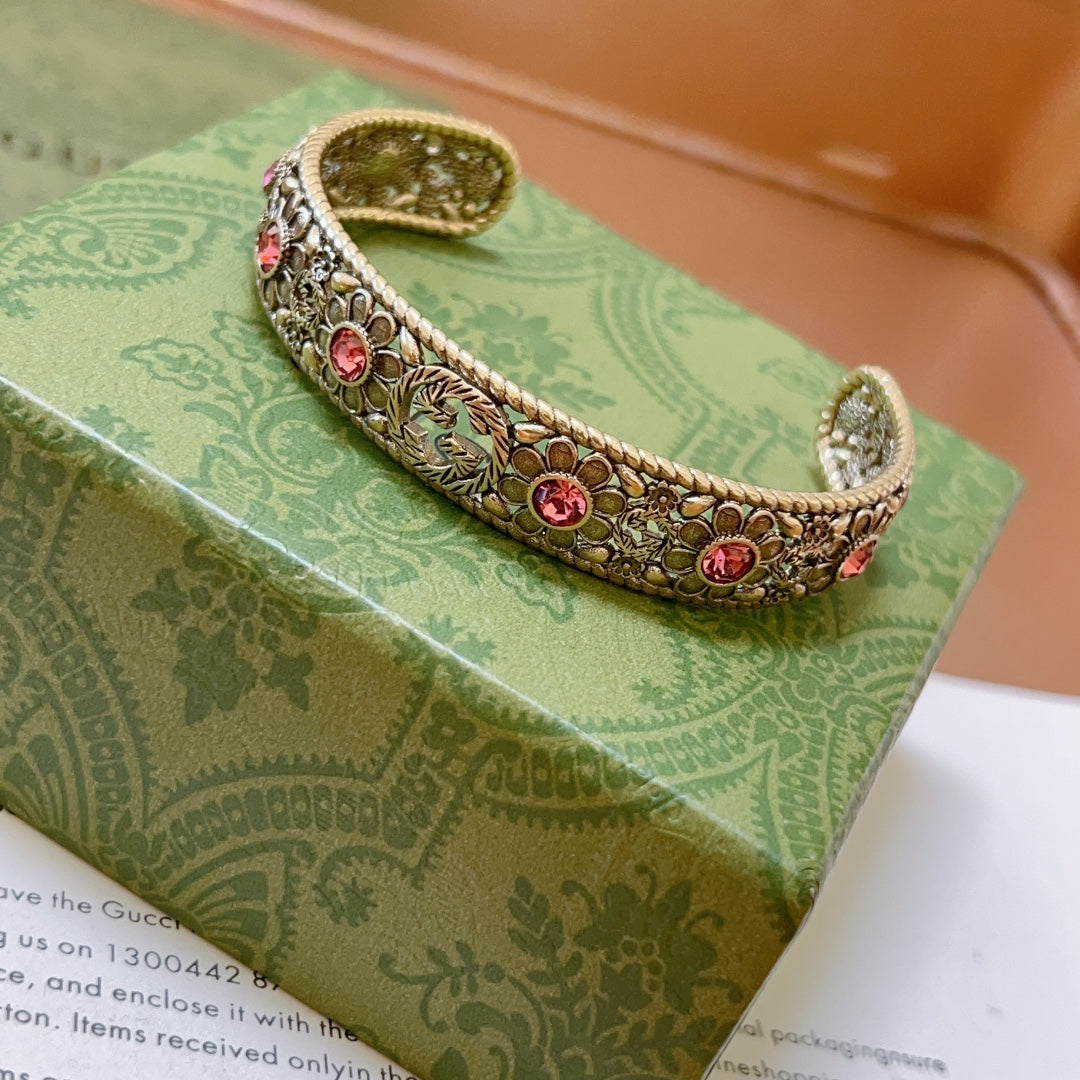 Antique Floral Cuff Bracelet with Pink Gemstone Detailing