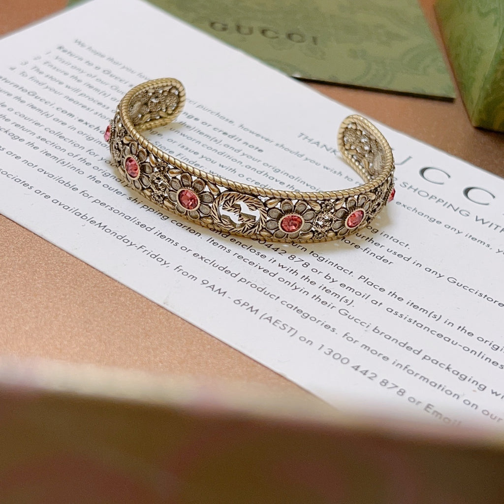 Antique Floral Cuff Bracelet with Pink Gemstone Detailing