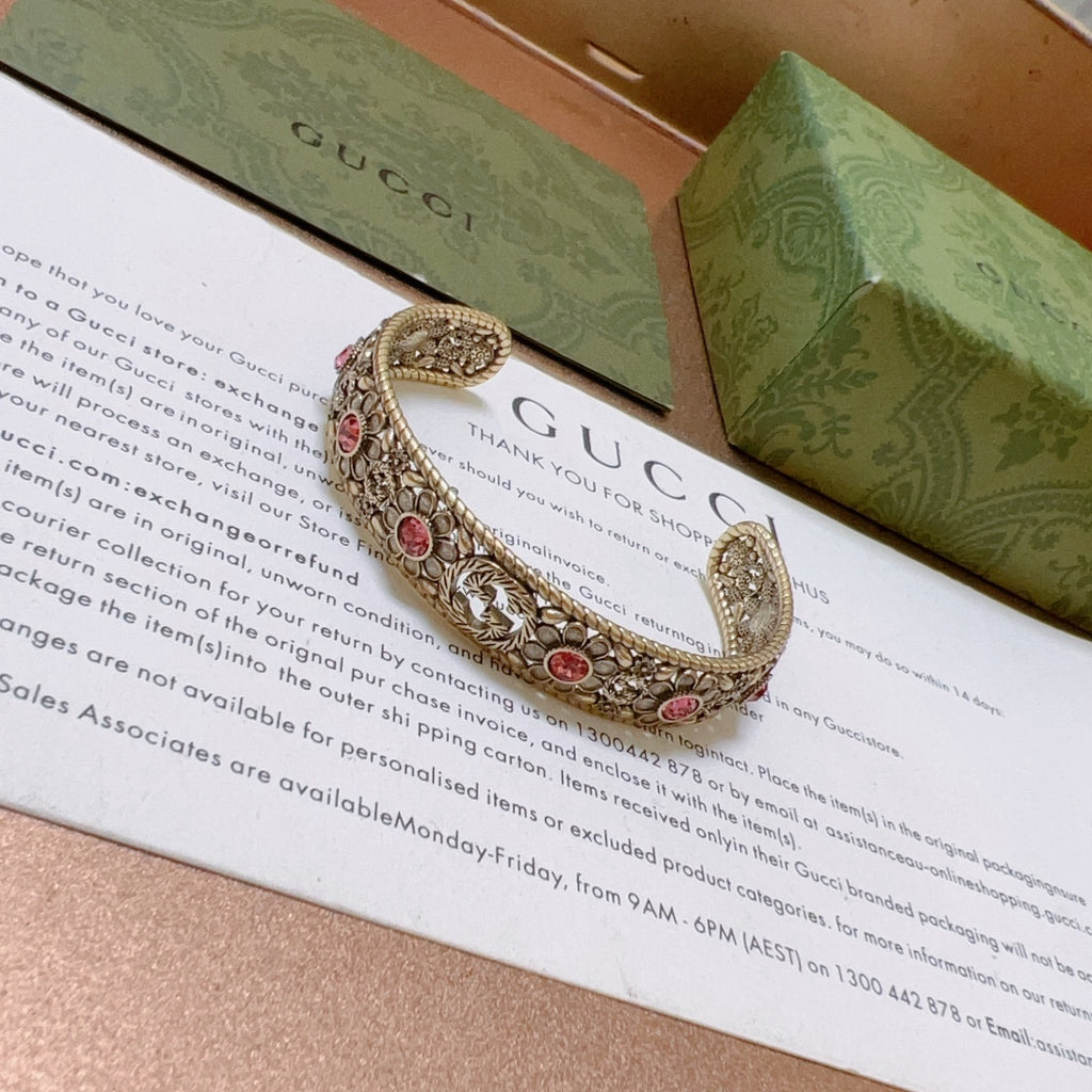 Antique Floral Cuff Bracelet with Pink Gemstone Detailing