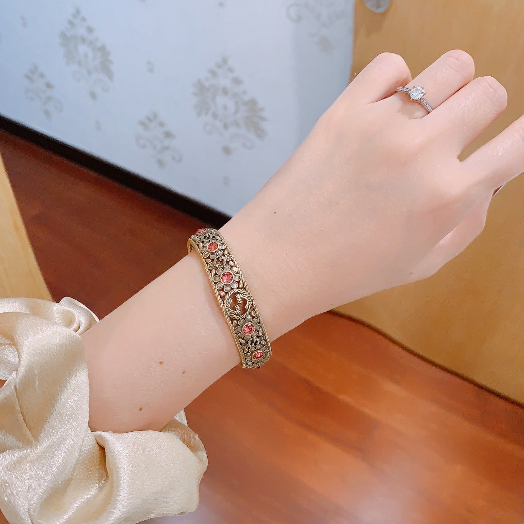 Antique Floral Cuff Bracelet with Pink Gemstone Detailing