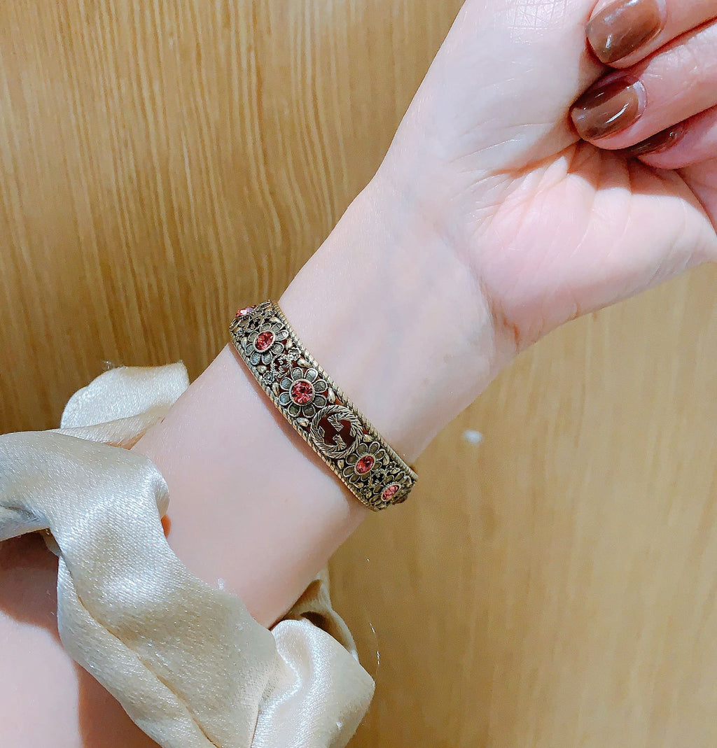 Antique Floral Cuff Bracelet with Pink Gemstone Detailing