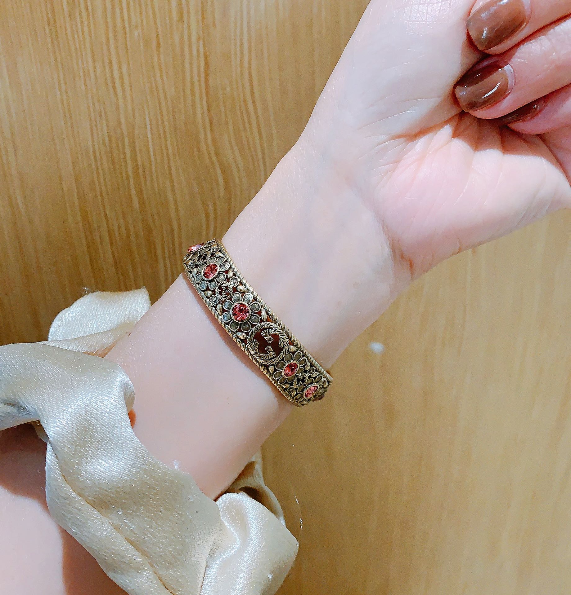 Antique Floral Cuff Bracelet with Pink Gemstone Detailing