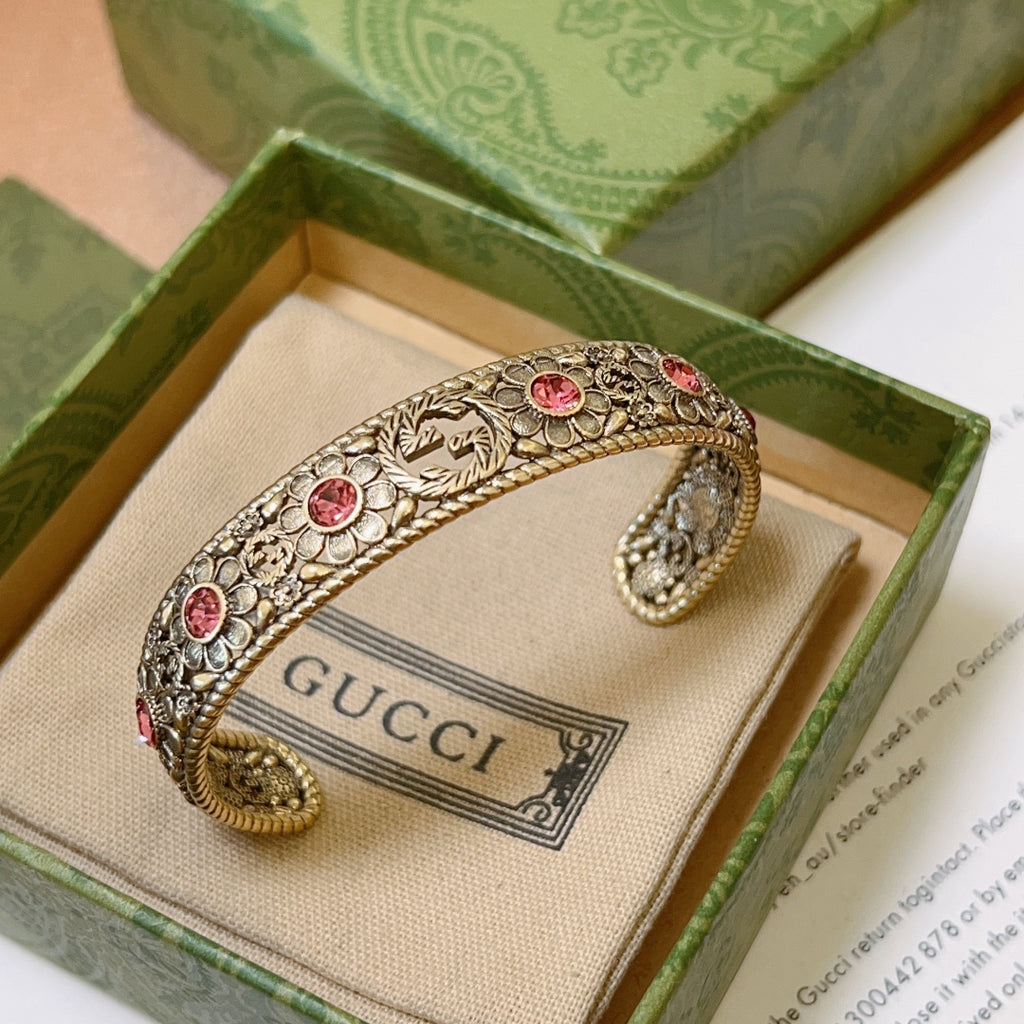 Antique Floral Cuff Bracelet with Pink Gemstone Detailing