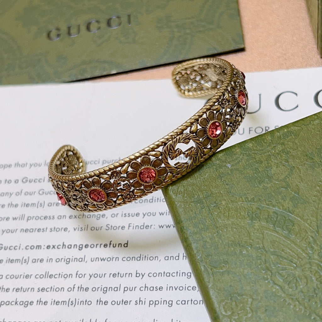 Antique Floral Cuff Bracelet with Pink Gemstone Detailing
