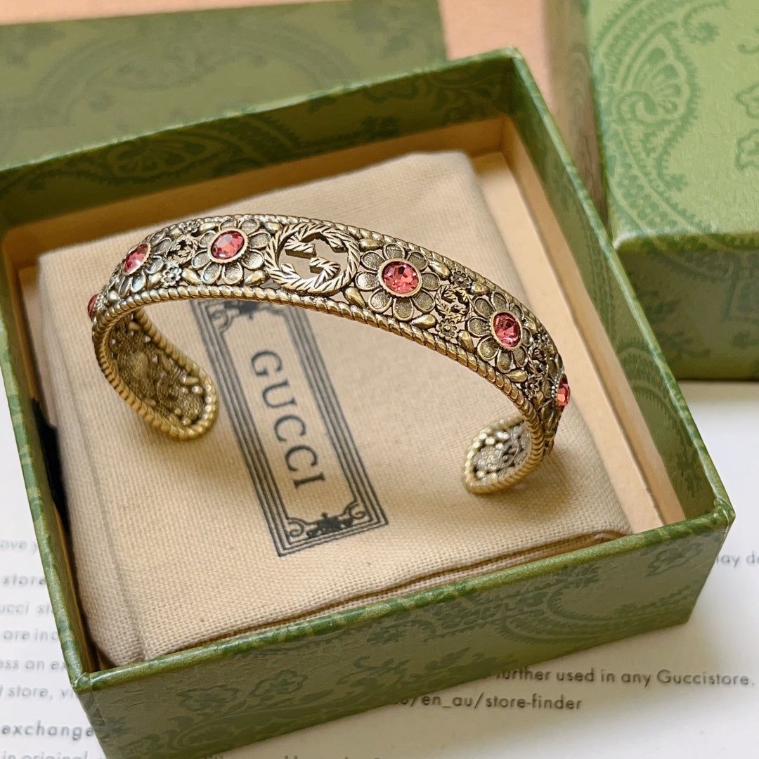 Antique Floral Cuff Bracelet with Pink Gemstone Detailing