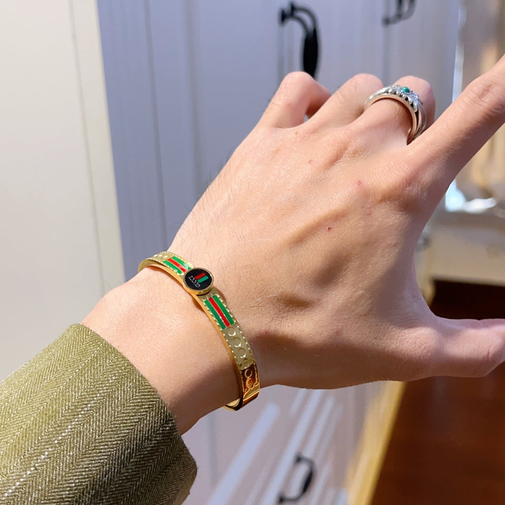Gold-Tone Enamel Bangle with Signature Green-Red Stripes