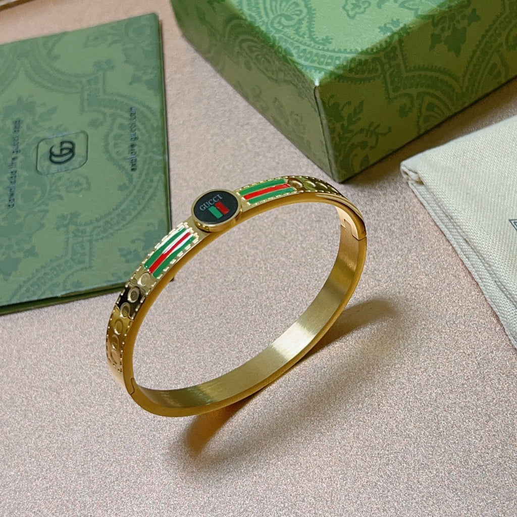 Gold-Tone Enamel Bangle with Signature Green-Red Stripes