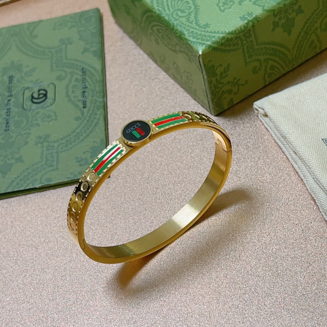 Gold-Tone Enamel Bangle with Signature Green-Red Stripes