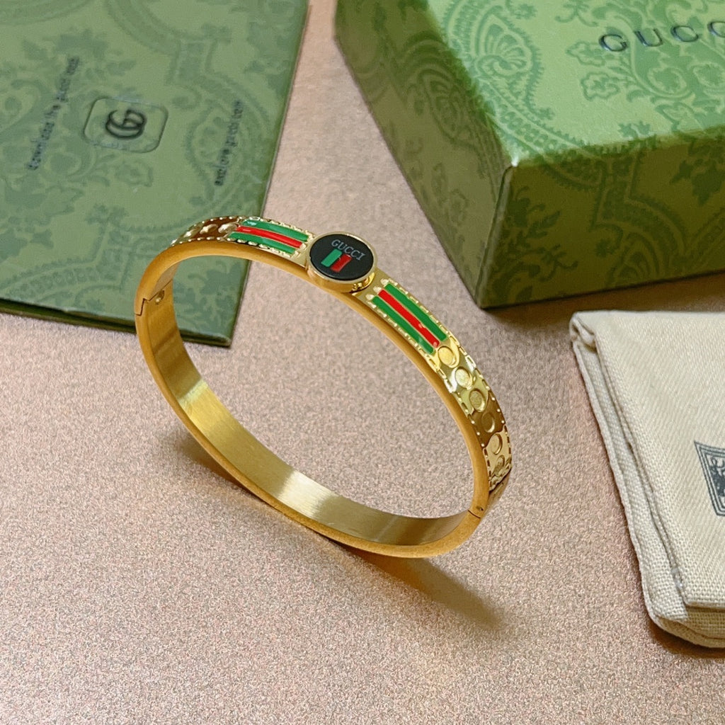 Gold-Tone Enamel Bangle with Signature Green-Red Stripes