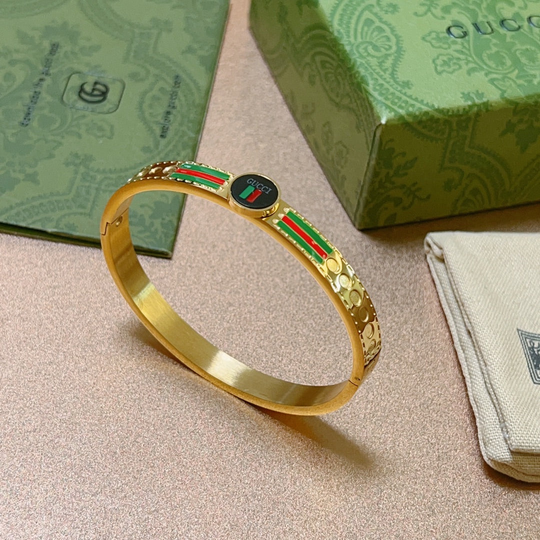 Gold-Tone Enamel Bangle with Signature Green-Red Stripes