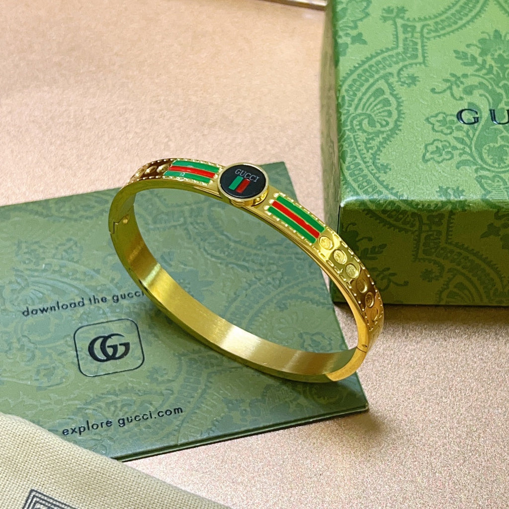 Gold-Tone Enamel Bangle with Signature Green-Red Stripes